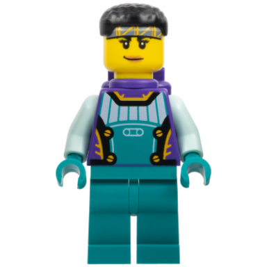 stuntz driver - female dark purple and dark turquoise racing suit with light aqua arms dark purple air tanks black short hair
