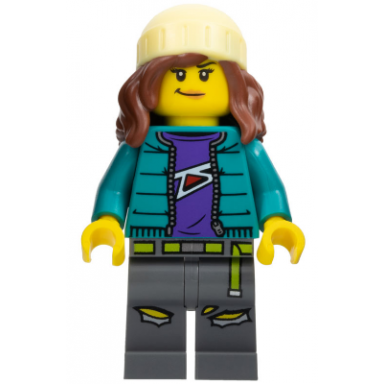fearless fi - stuntz announcer dark turquoise jacket over dark purple shirt dark bluish gray legs reddish brown hair with bright light yellow beanie