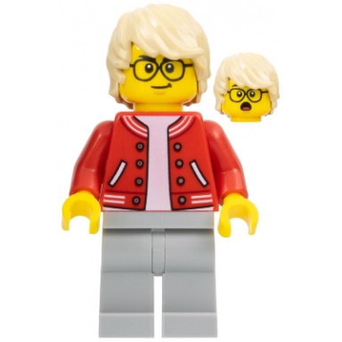 stuntz photographer - male red jacket over white shirt light bluish gray legs tan hair glasses
