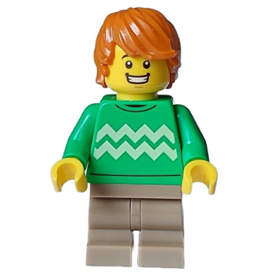 cozy house resident - male bright green sweater with bright light yellow zigzag lines dark tan medium legs dark orange hair