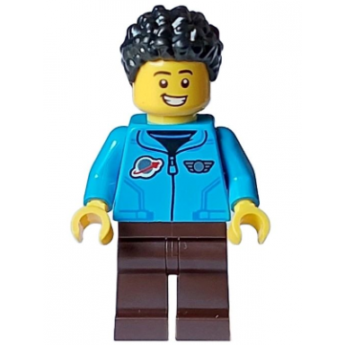 cozy house resident - male dark azure jacket with classic space logo dark brown legs black short coiled hair