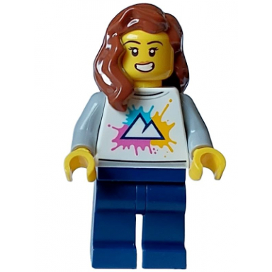 cozy house resident - female white shirt with mountains logo dark blue legs reddish brown hair