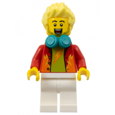 dynamo doug - stuntz announcer red jacket over lime shirt white legs bright light yellow spiked hair dark turquoise headphones