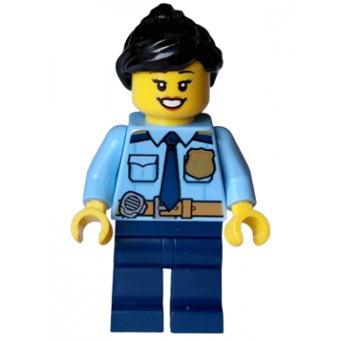 police - city officer female shirt with dark blue tie and gold badge dark tan belt with radio dark blue legs black ponytail
