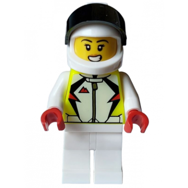 stuntz driver - female neon yellow jacket white legs white helmet with black visor