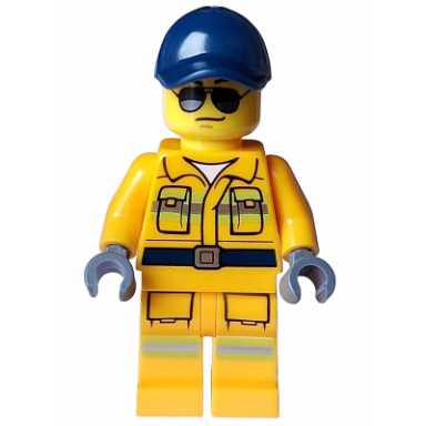 stuntz crew - male bright light orange suit with reflective stripes dark blue cap sunglasses