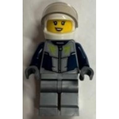 race car driver - female dark blue and flat silver racing suit white helmet