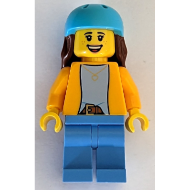 scooter rider - female bright light orange jacket medium blue legs medium azure helmet reddish brown long hair