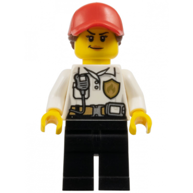 fire - female white shirt with fire logo badge and belt black legs red cap with ponytail smirk medium nougat lips