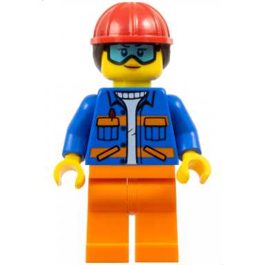 construction worker - female blue jacket with diagonal lower pockets and orange stripes orange legs red construction helmet with dark brown ponytail hair goggles