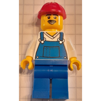 construction worker - male blue overalls over v-neck shirt blue legs red construction helmet moustache