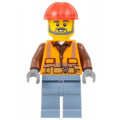 airport worker - male orange safety vest reflective stripes reddish brown shirt sand blue legs red construction helmet dark bluish gray beard