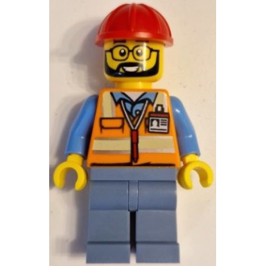 construction worker - male orange safety vest with reflective stripes sand blue legs red construction helmet