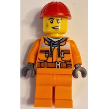 construction worker - male orange safety jacket reflective stripe sand blue hoodie orange legs red construction helmet