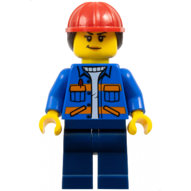 construction worker - female blue jacket with diagonal lower pockets and orange stripes dark blue legs red construction helmet with dark brown ponytail hair