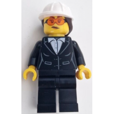 construction engineer architect - female black suit jacket with white button up shirt black legs white construction helmet with dark brown ponytail hair safety glasses