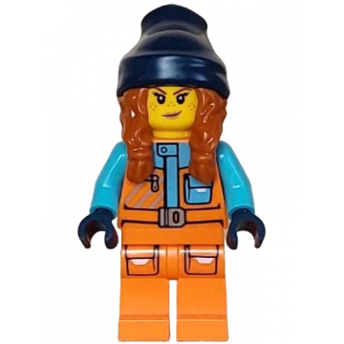 arctic explorer - female orange jacket dark orange braids with dark blue beanie freckles