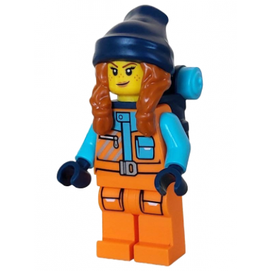 arctic explorer - female orange jacket dark orange braids with dark blue beanie freckles backpack