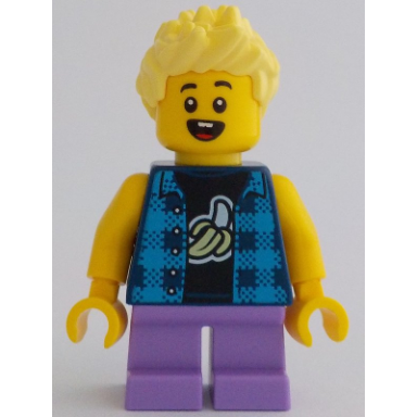 child - boy flannel vest over shirt with banana medium lavender short legs bright light yellow spiked hair