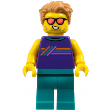 ice-cream shop customer - male dark purple sleeveless shirt with stripes dark turquoise legs medium nougat hair sunglasses