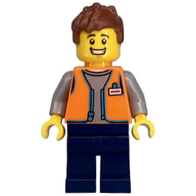 convenience store worker - male orange open vest dark blue legs reddish brown hair