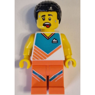 fitness instructor - male white shirt with dark turquoise panel coral legs black hair