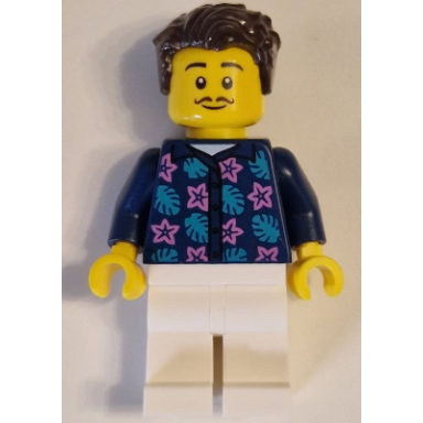 apartment building resident - male dark blue jacket with flowers and leaves white legs dark brown hair moustache
