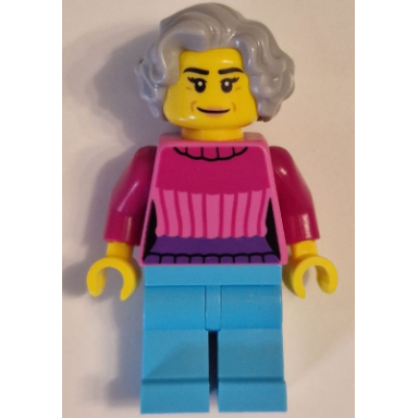 apartment building resident - female dark pink sweater medium azure legs light bluish gray wavy hair