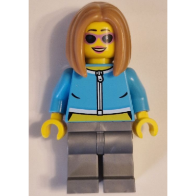 apartment building resident - female medium azure crop top jacket flat silver legs medium nougat hair sunglasses