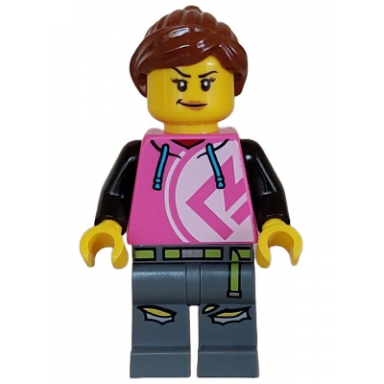 kick scooter driver - female dark pink hoodie dark bluish gray legs