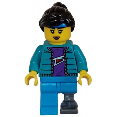 skateboarder - female dark turquoise jacket over dark purple shirt dark azure legs with prosthetic leg