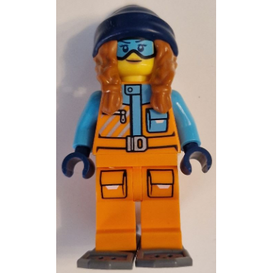 arctic explorer - female orange jacket dark orange braids with dark blue beanie medium azure goggles dark bluish gray snowshoes
