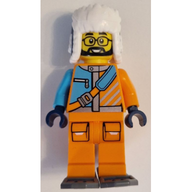 arctic explorer - male orange and medium azure jacket dark blue ushanka hat black beard glasses dark bluish gray snowshoes