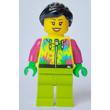 mountain bike cyclist - female neon yellow jacket with paint splotches lime legs black hair