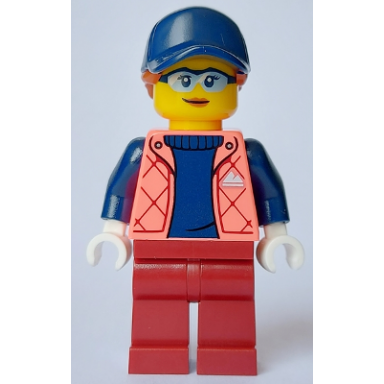 female - coral jacket over sweater dark red legs dark blue cap dark orange hair