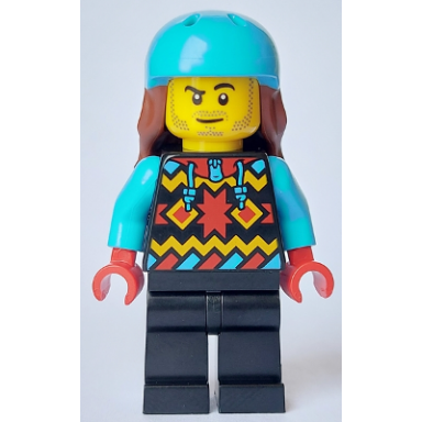 snowboarder - male geometric jacket black legs medium azure sports helmet reddish brown long hair