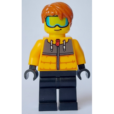 male - bright light orange jacket black legs dark orange hair ski goggles