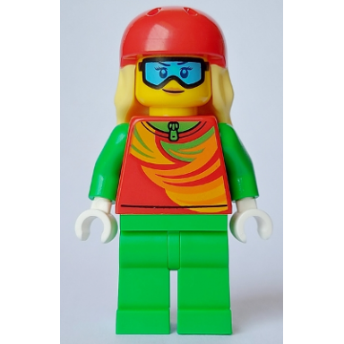 skier - female red top bright green legs red sports helmet bright light yellow long hair ski goggles