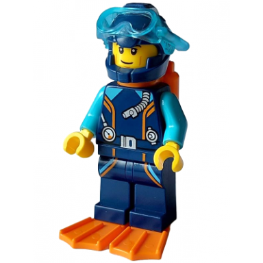 arctic explorer diver - male dark blue diving suit and helmet orange air tanks and flippers trans-light blue diver mask grin