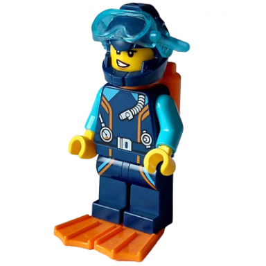 arctic explorer diver - female dark blue diving suit and helmet orange air tanks and flippers trans-light blue diver mask lopsided smile