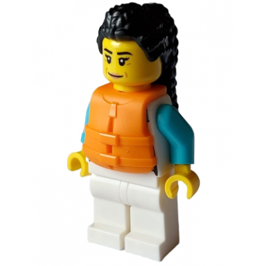 arctic explorer - female white jacket over medium azure shirt white legs black hair orange life jacket