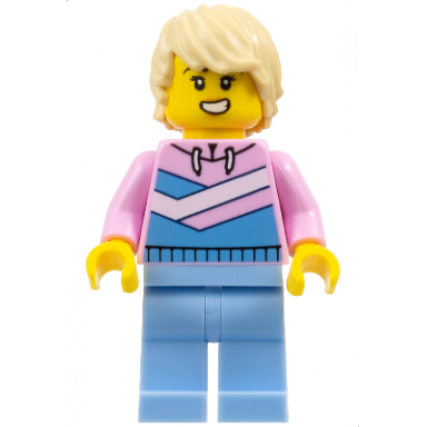 tuk tuk driver - female bright pink hoodie with medium blue and white diagonal stripes bright light blue legs tan tousled hair