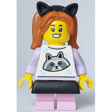 child - girl white top with raccoon bright pink short legs dark orange pigtails black skirt and cat ears