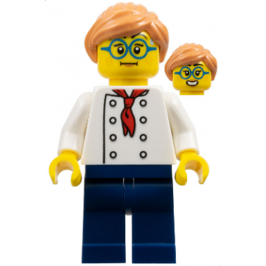 pizza chef - female white torso with 8 buttons dark blue legs nougat hair glasses