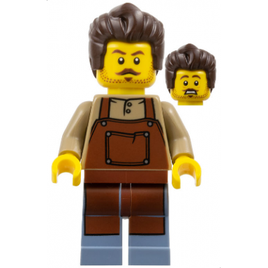 barber - male reddish brown apron sand blue legs dark brown hair stubble