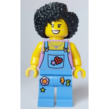 street performer busker - female medium lavender top medium blue overalls and legs black hair