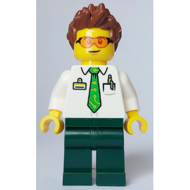 electric scooter rider - male white shirt with bright green tie dark green legs reddish brown spiked hair safety glasses