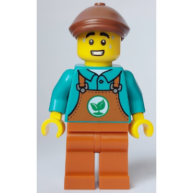 sanitary engineer - male dark turquoise top dark orange overalls and legs reddish brown flat cap