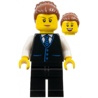 hotel receptionist - female black jacket with tie black legs reddish brown hair