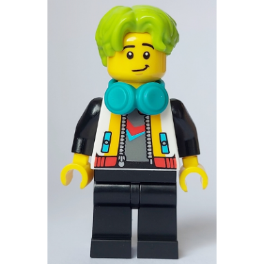 dj - male white jacket black legs lime hair dark turquoise headphones